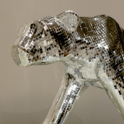 Chrome silver panther decor object in dynamic walking pose