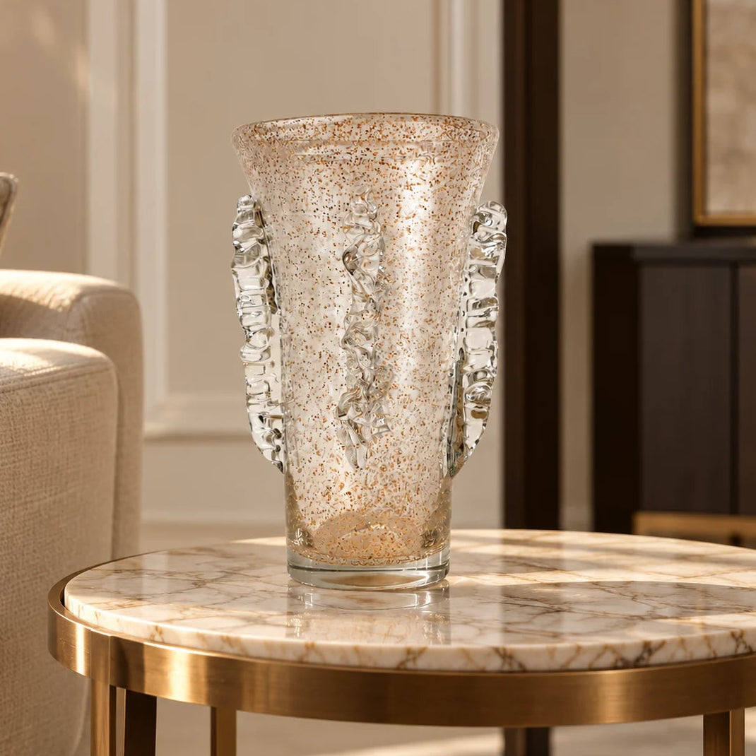 Champagne glass vase w/ copper fleck drip ribs