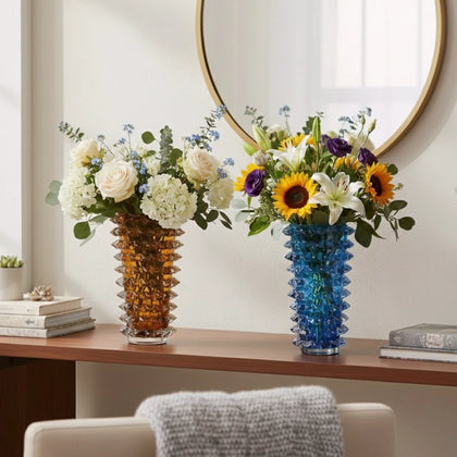 Spiked textured glass decorative vase with layered cylindrical design