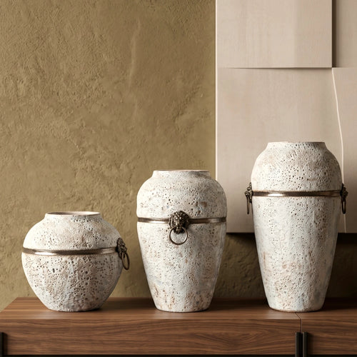 Stone White Lion Ring Ceramic Jar Vase