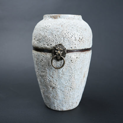 Stone white lion-ring vase, front view