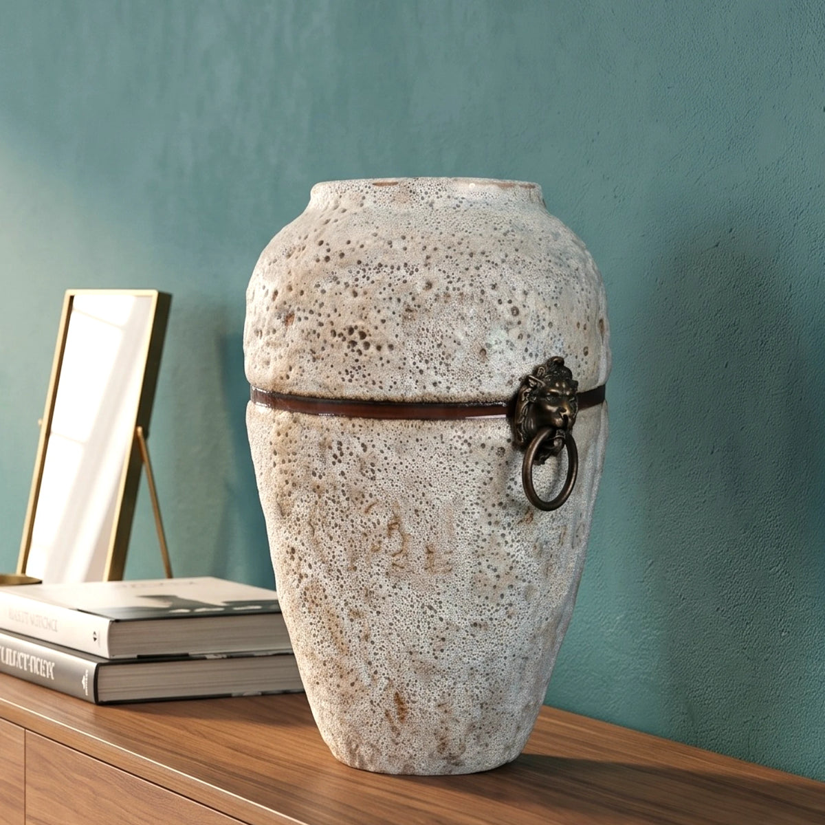 Stone White Lion Ring Ceramic Jar Vase