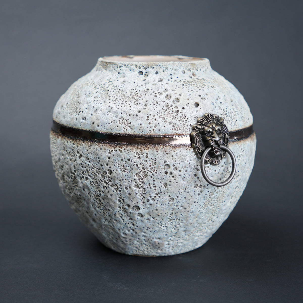 Textured ceramic vase with lion head handle on a dark background