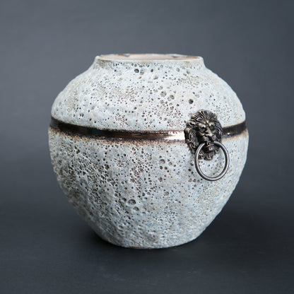 Textured ceramic vase with lion head handle on a dark background