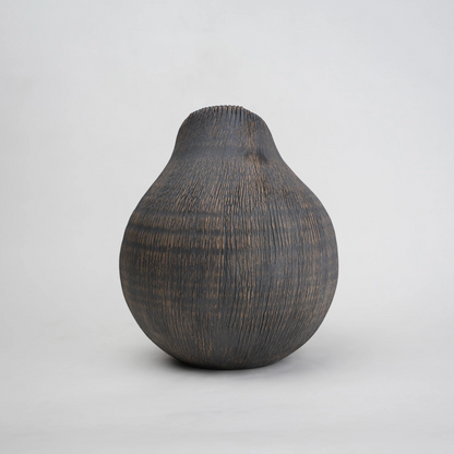 Textured charcoal gourd vase, side angle