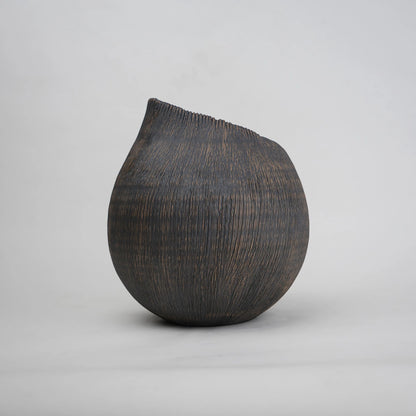 textured charcoal ceramic vase with angled rim