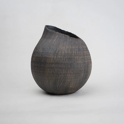 textured charcoal ceramic vase with angled rim