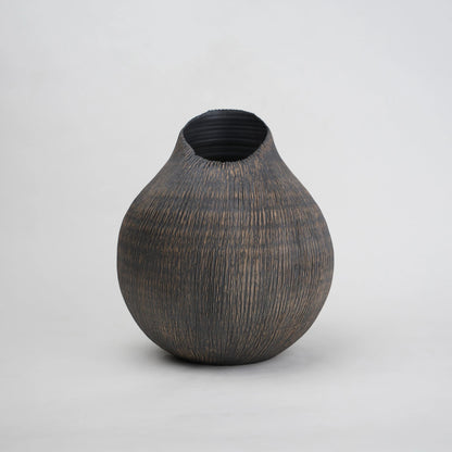 textured charcoal ceramic vase with angled rim