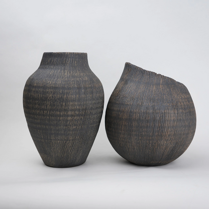 textured charcoal ceramic vase with angled rim
