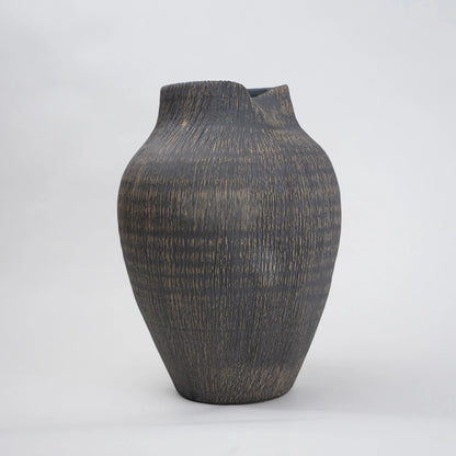 textured charcoal ceramic vase with angled rim