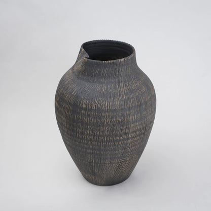 textured charcoal ceramic vase with angled rim