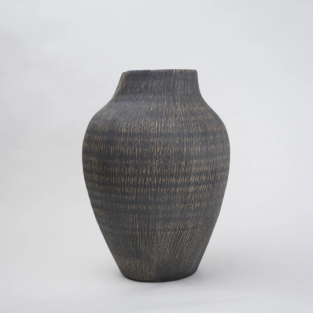 textured charcoal ceramic vase with angled rim