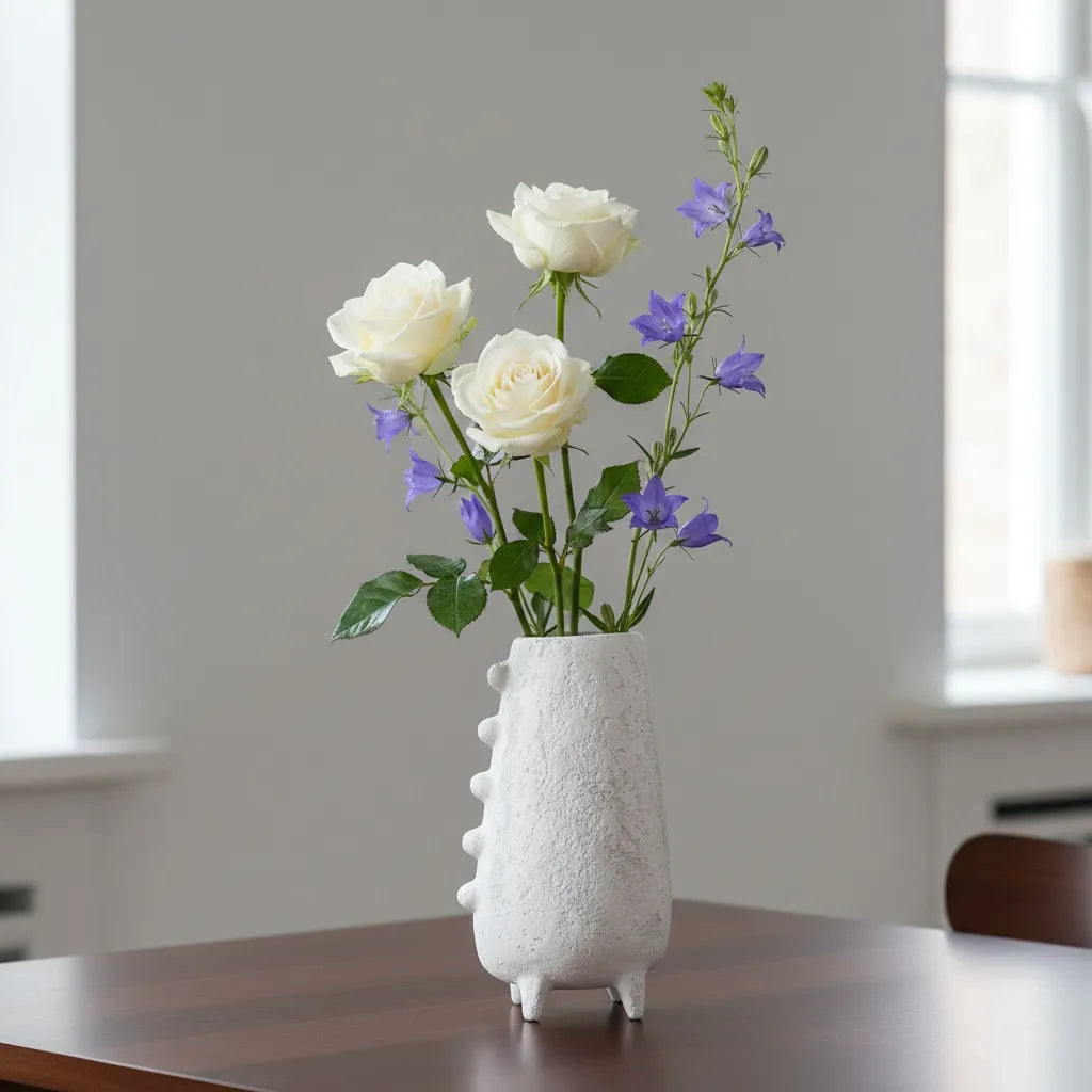 White vase with white roses and purple flowers on a wooden table.