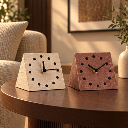 Modern textured desk clock in beige and brown with angled design for home decor styling
