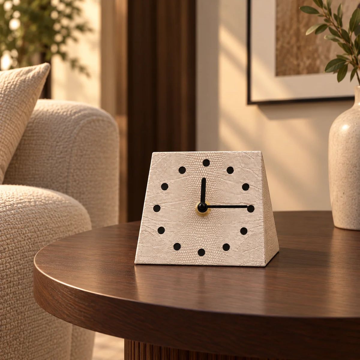 Modern textured desk clock in beige and brown with angled design for home decor styling