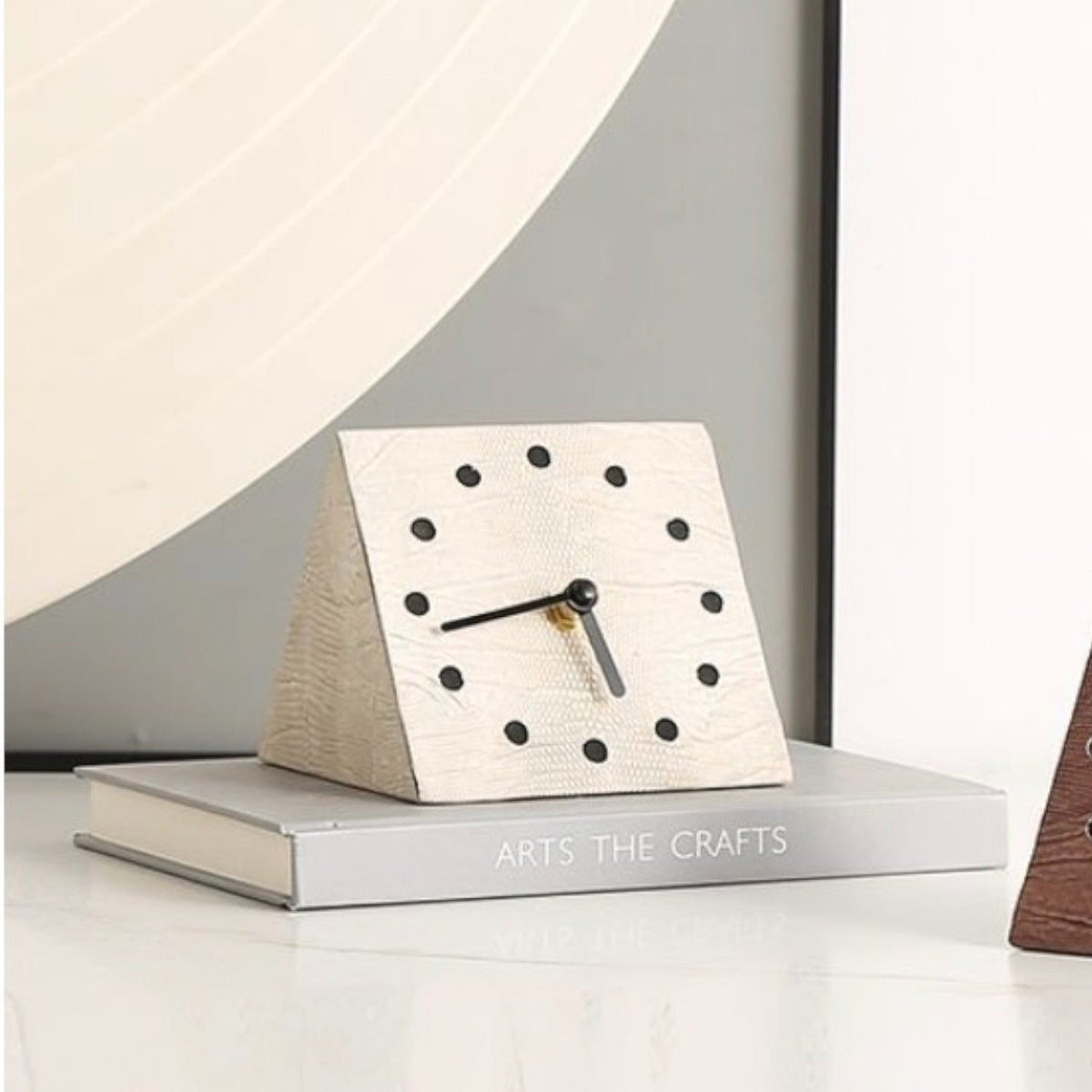 Modern textured desk clock in beige and brown with angled design for home decor styling