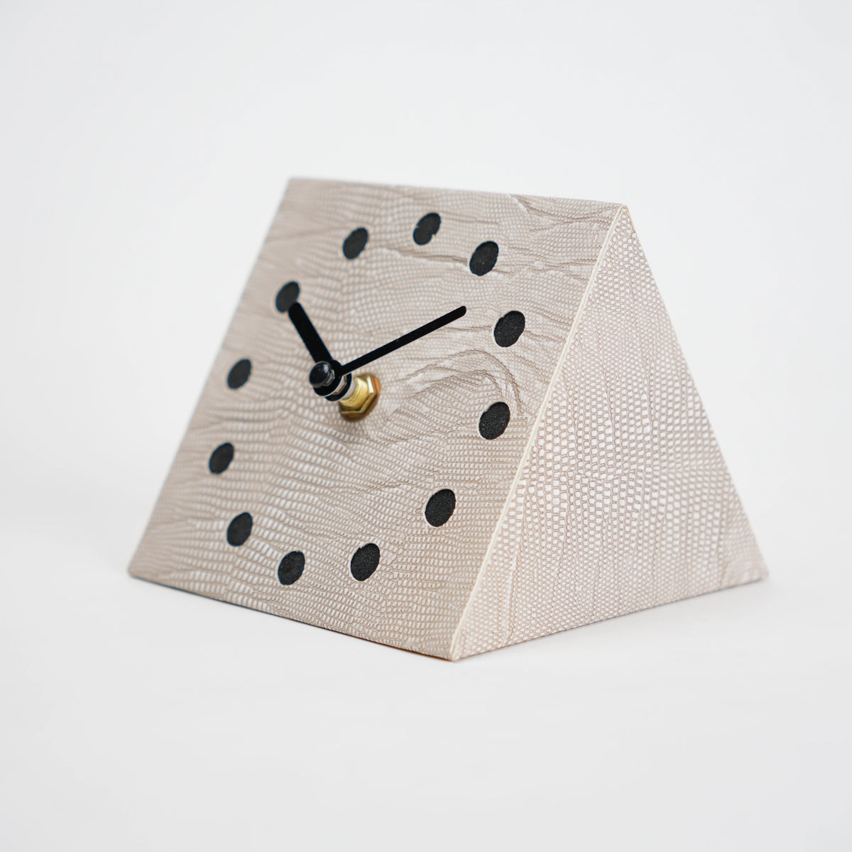 Modern textured desk clock in beige and brown with angled design for home decor styling