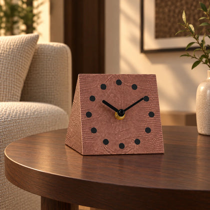Modern textured desk clock in beige and brown with angled design for home decor styling