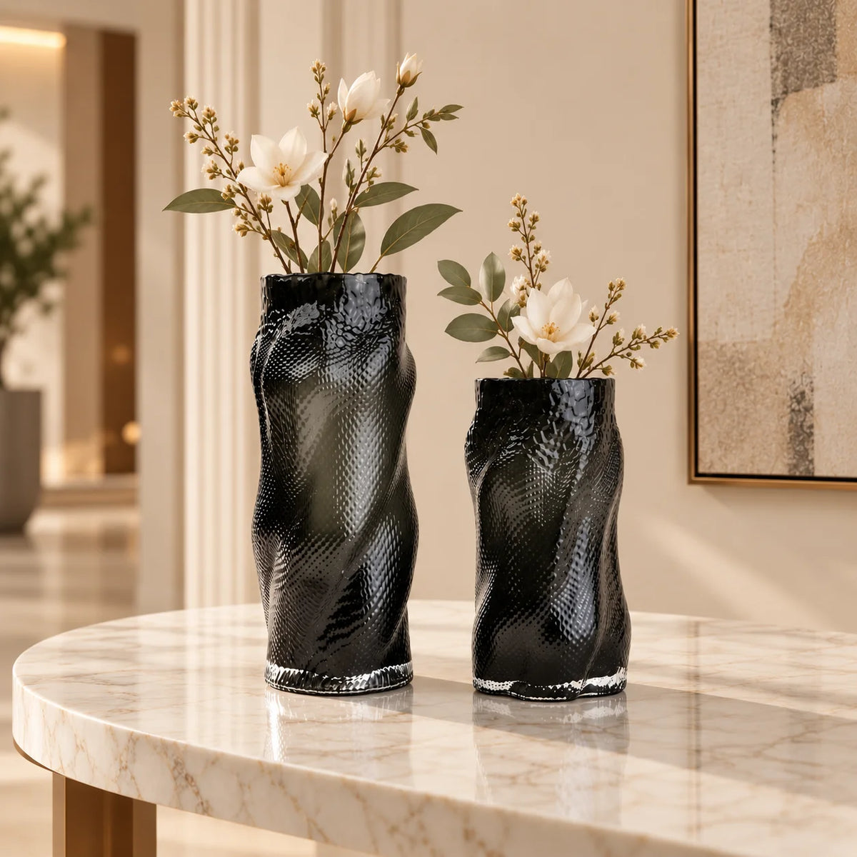 Matte black flow vase elevated angle interior