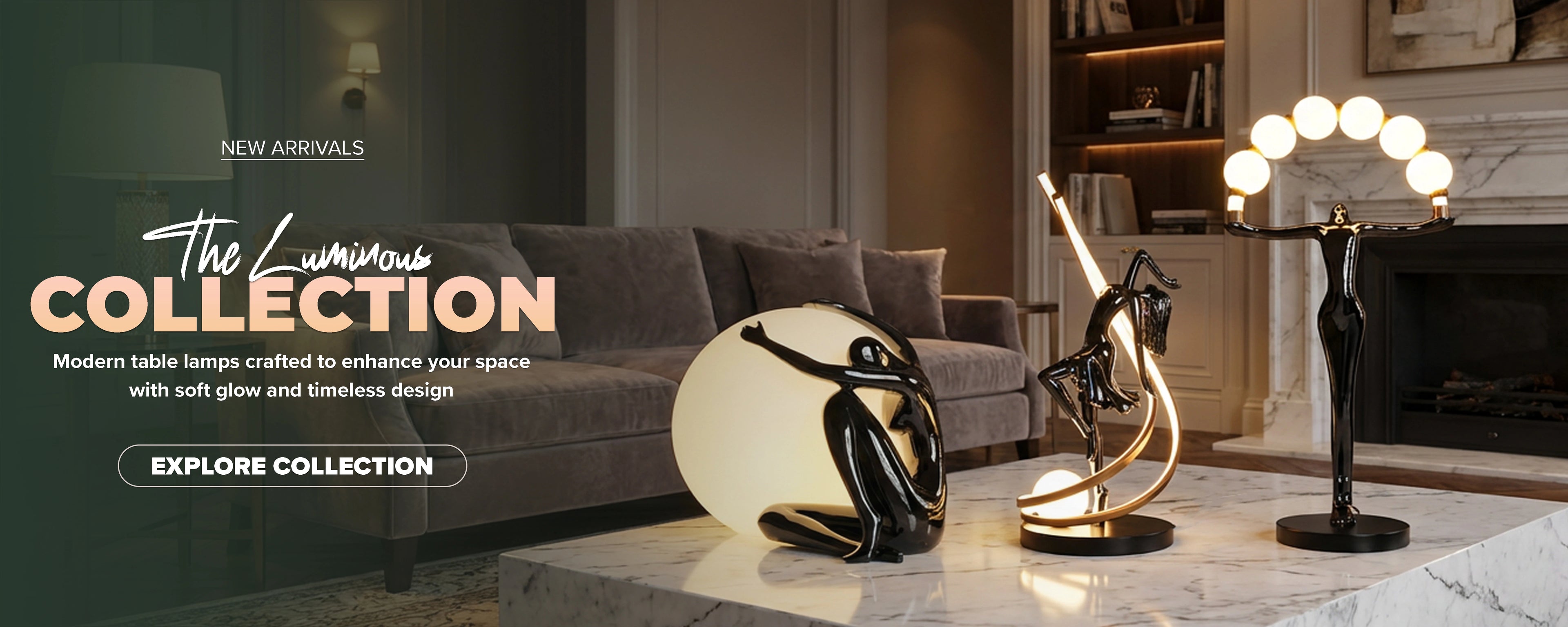 Modern sculptural table lamps with soft warm glow styled in an elegant living room setting.