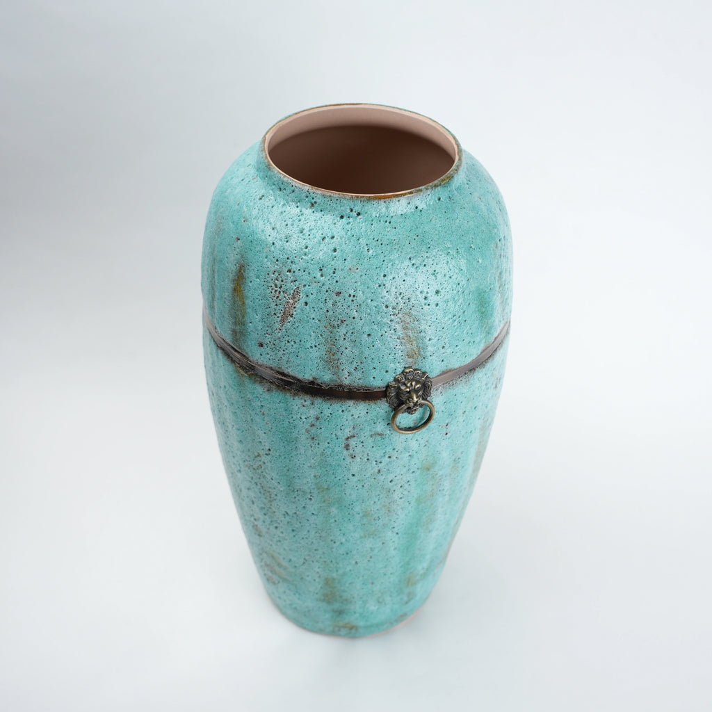 Turquoise patina ceramic jar vase with antique ring detail available in multiple sizes for home decor