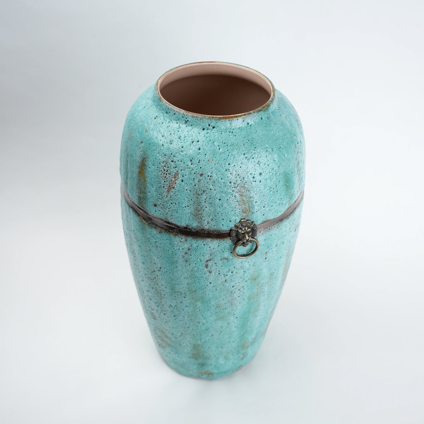 Turquoise patina ceramic jar vase with antique ring detail available in multiple sizes for home decor