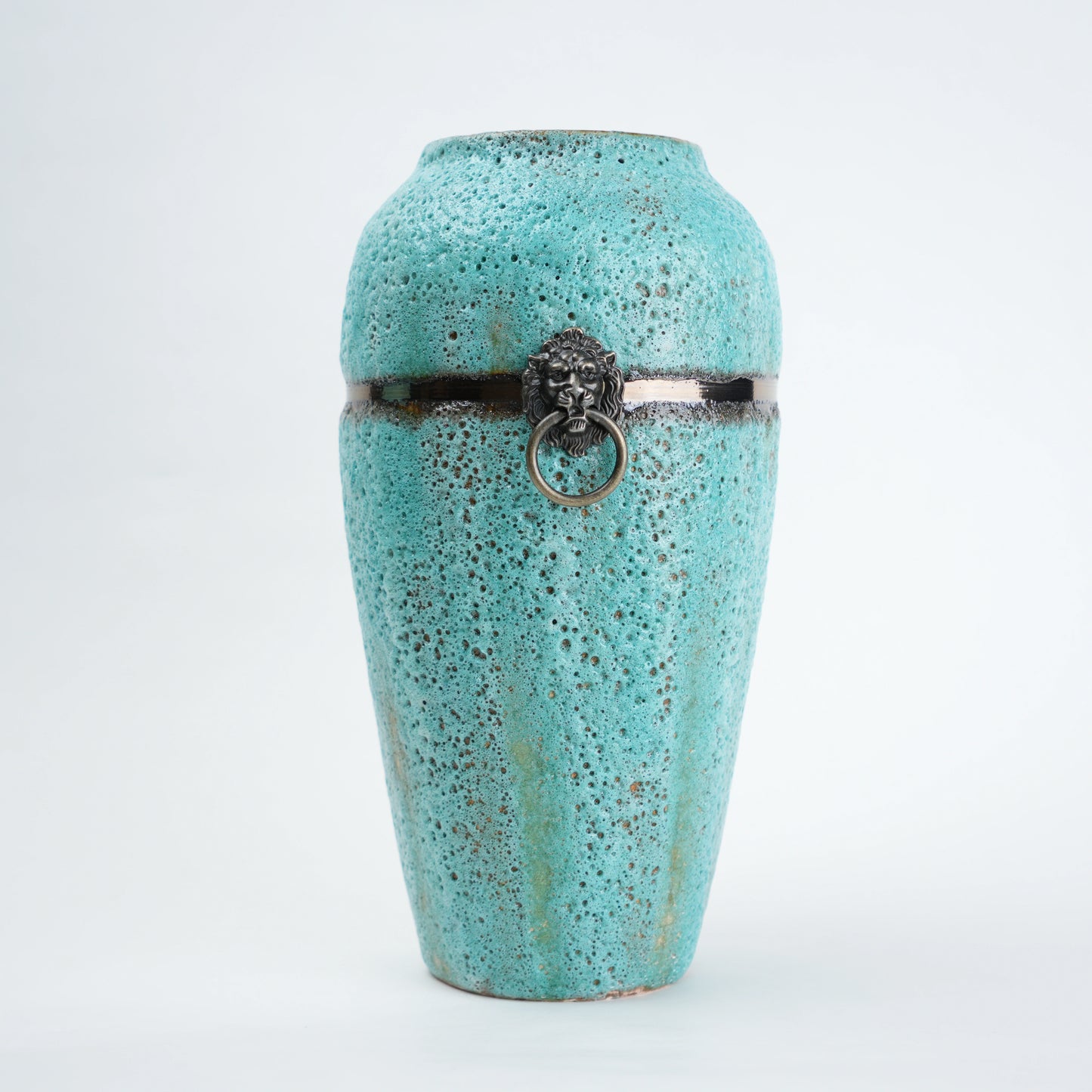 Turquoise patina ceramic jar vase with antique ring detail available in multiple sizes for home decor