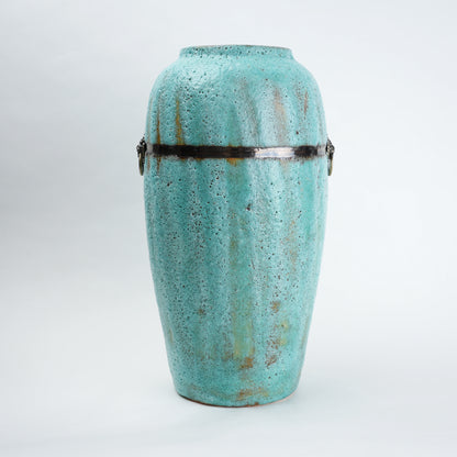 Turquoise patina vase w/ lion rings, front