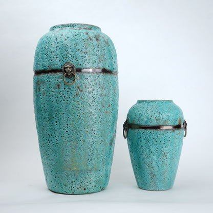Turquoise patina ceramic jar vase with antique ring detail available in multiple sizes for home decor