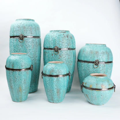 Turquoise patina ceramic jar vase with antique ring detail available in multiple sizes for home decor