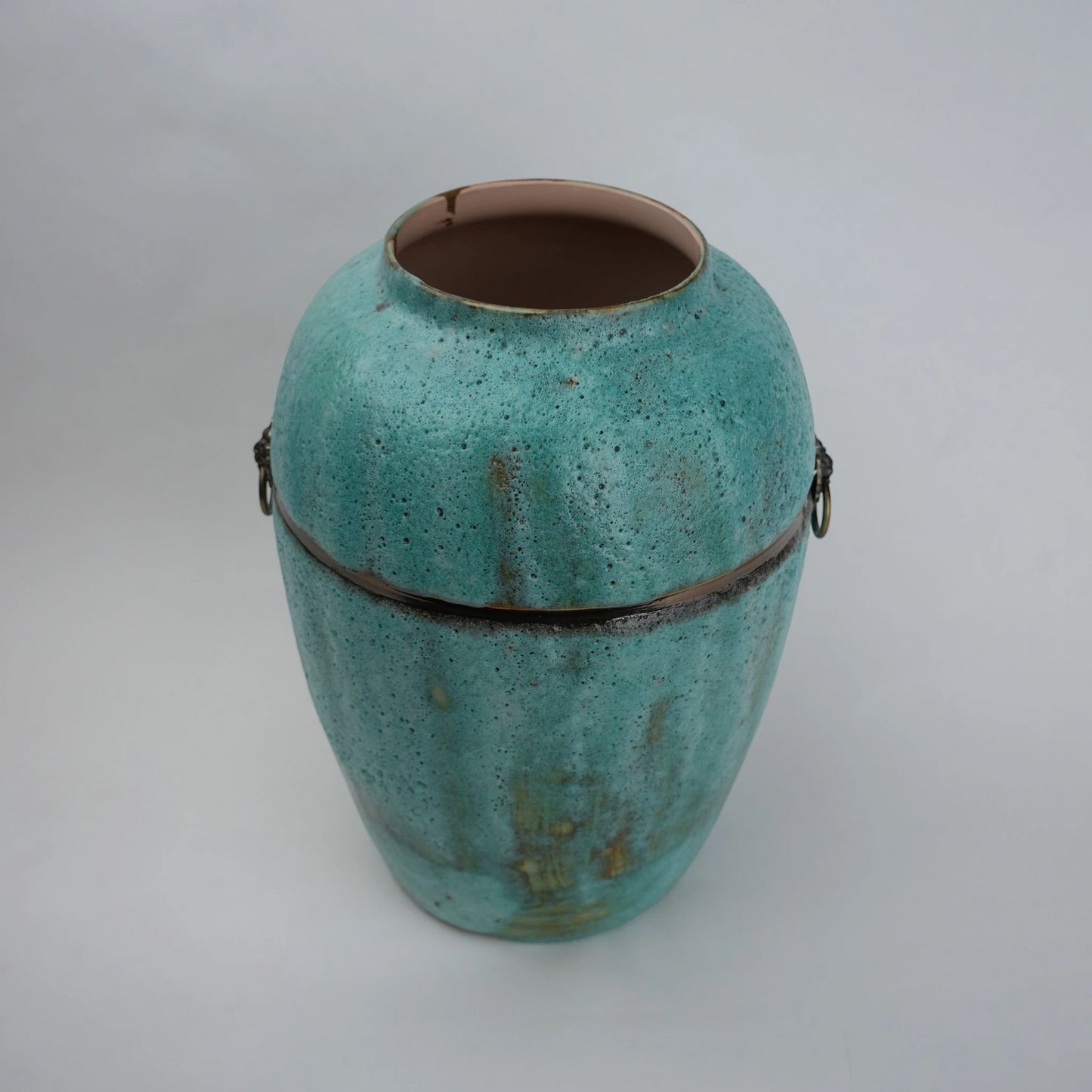 Turquoise patina ceramic jar vase with antique ring detail available in multiple sizes for home decor