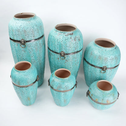 Turquoise patina ceramic jar vase with antique ring detail available in multiple sizes for home decor
