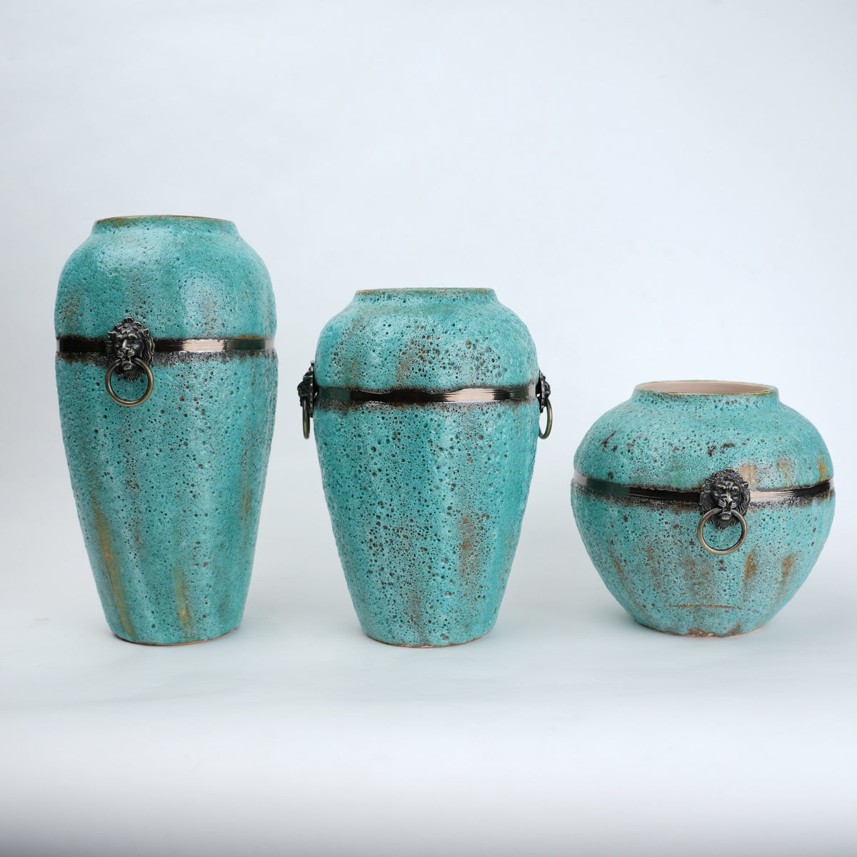 Turquoise patina ceramic jar vase with antique ring detail available in multiple sizes for home decor