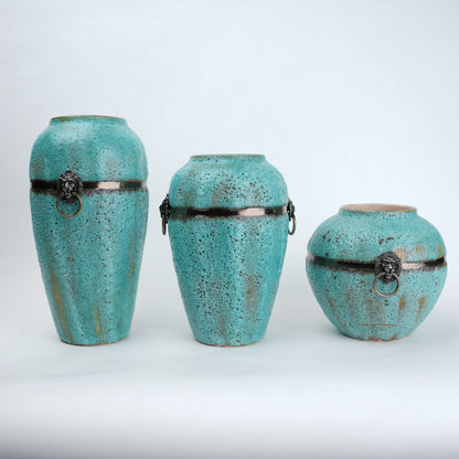 Turquoise patina ceramic jar vase with antique ring detail available in multiple sizes for home decor