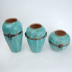 Turquoise patina ceramic jar vase with antique ring detail available in multiple sizes for home decor