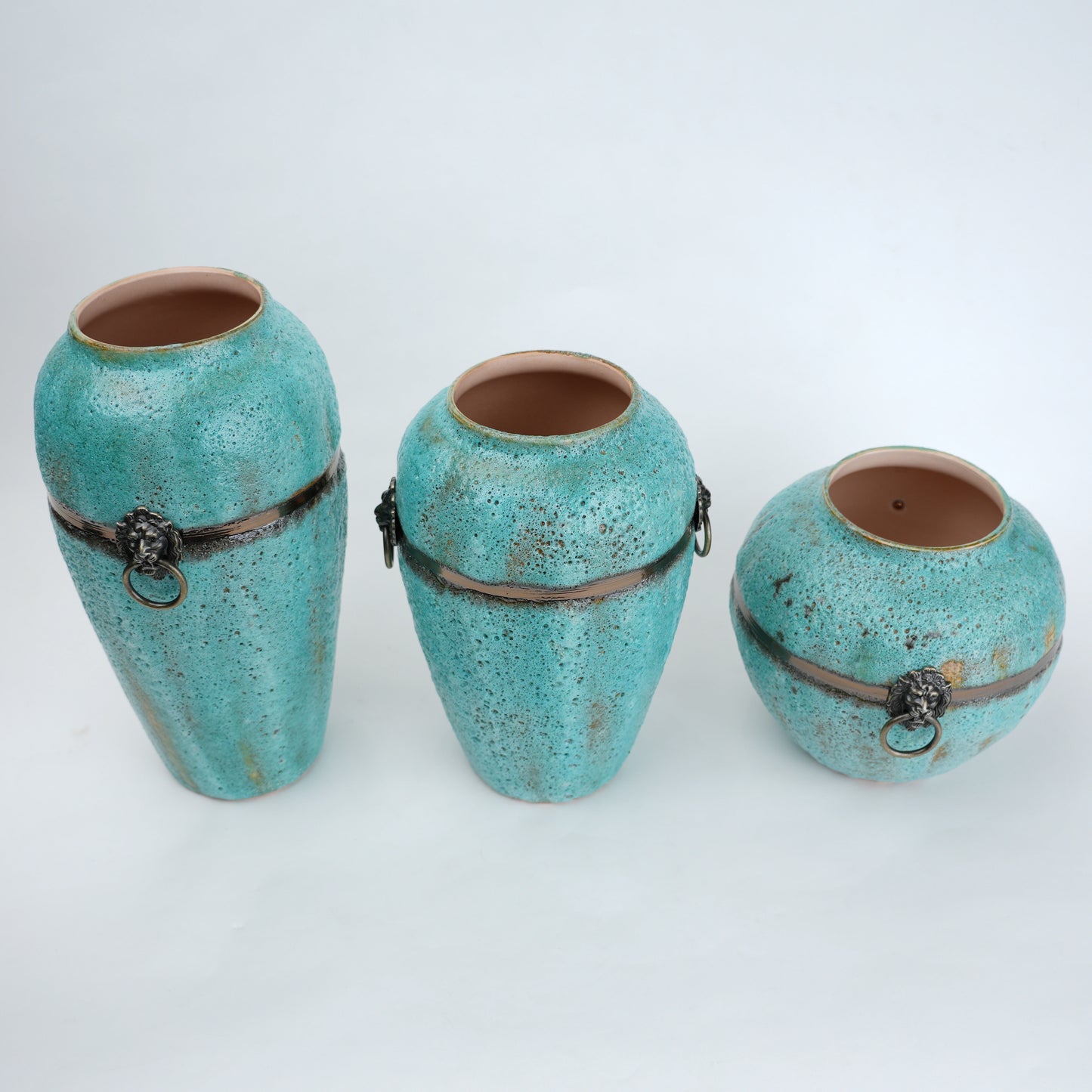 Turquoise patina ceramic jar vase with antique ring detail available in multiple sizes for home decor