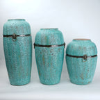 Turquoise patina ceramic jar vase with antique ring detail available in multiple sizes for home decor