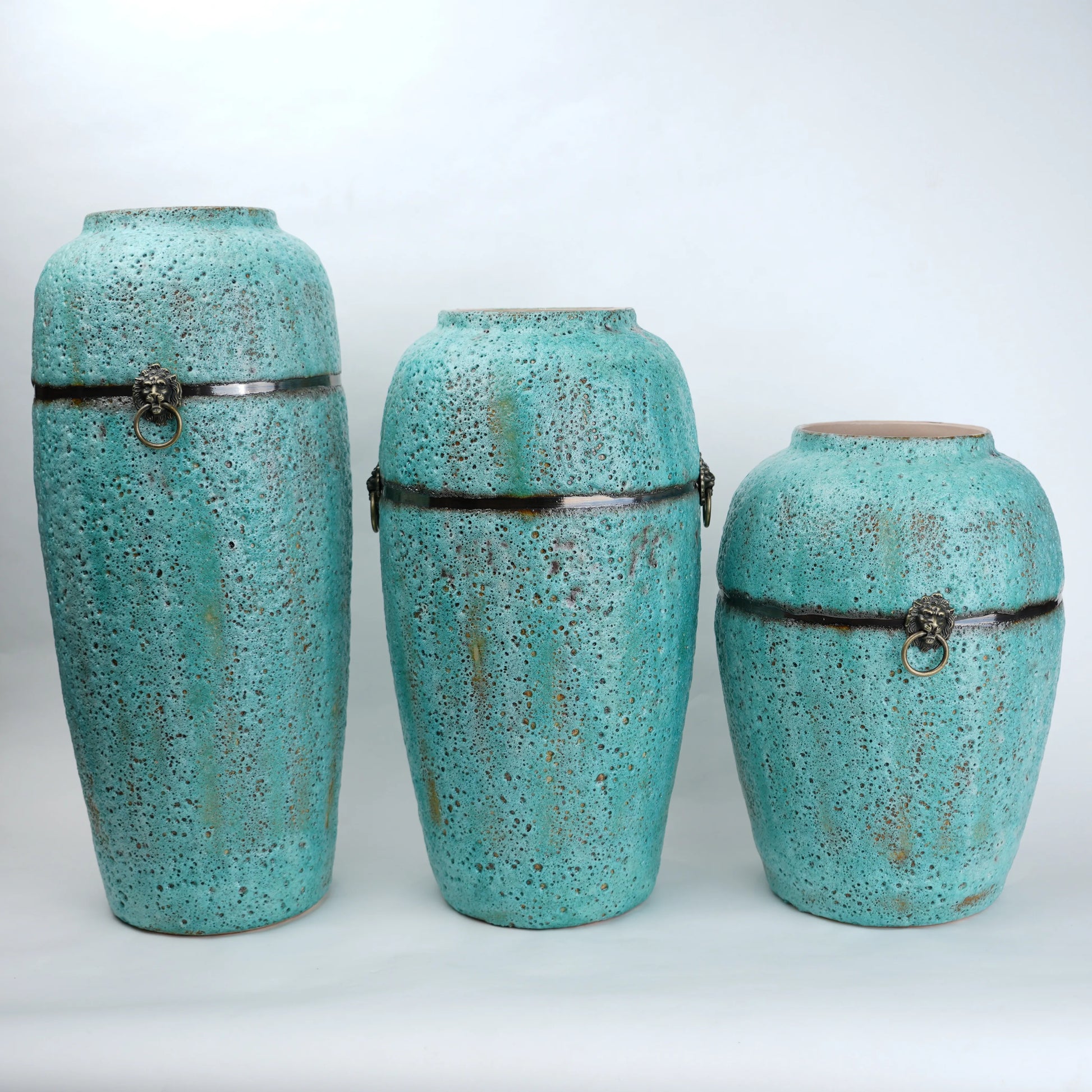 Turquoise patina ceramic jar vase with antique ring detail available in multiple sizes for home decor