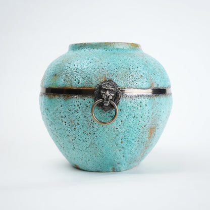 Turquoise patina ceramic jar vase with antique ring detail available in multiple sizes for home decor