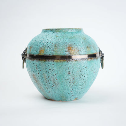 Turquoise patina ceramic jar vase with antique ring detail available in multiple sizes for home decor