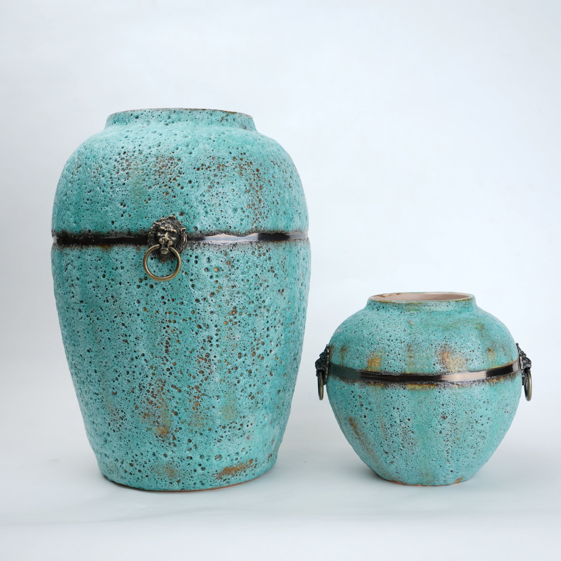 Turquoise patina ceramic jar vase with antique ring detail available in multiple sizes for home decor