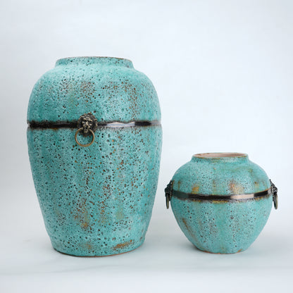 Turquoise patina ceramic jar vase with antique ring detail available in multiple sizes for home decor