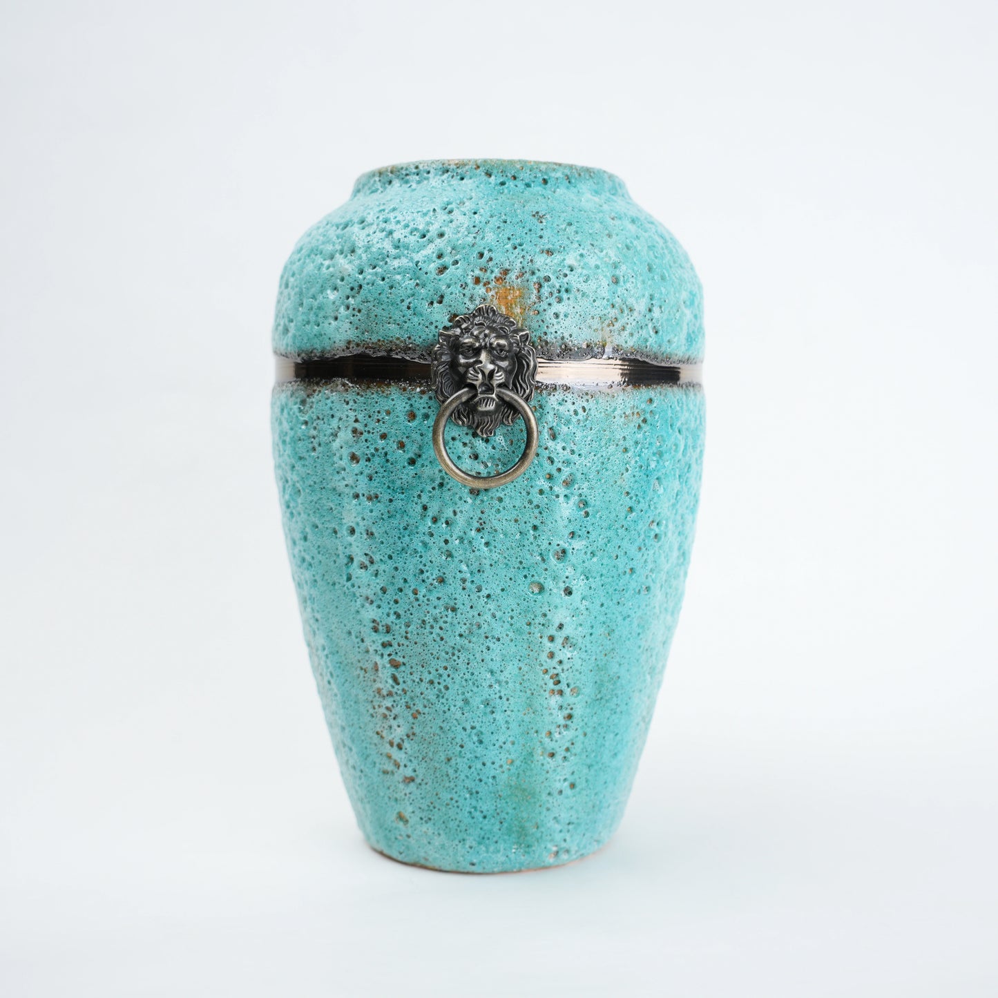 Turquoise patina ceramic jar vase with antique ring detail available in multiple sizes for home decor