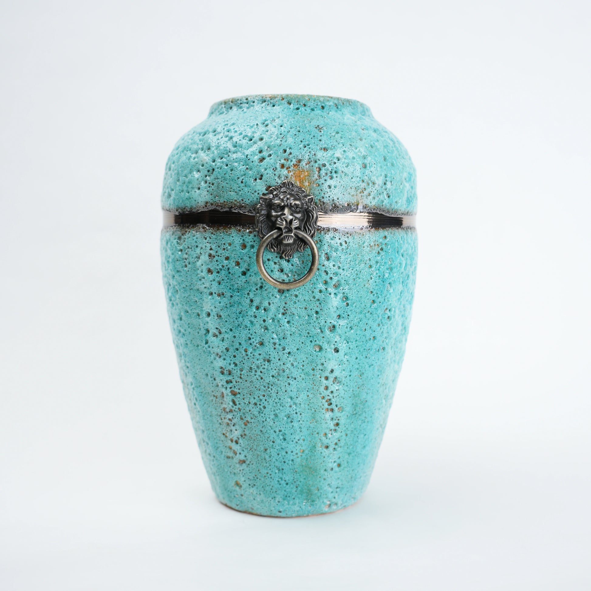 Turquoise patina ceramic jar vase with antique ring detail available in multiple sizes for home decor