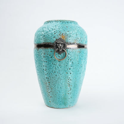 Turquoise patina ceramic jar vase with antique ring detail available in multiple sizes for home decor