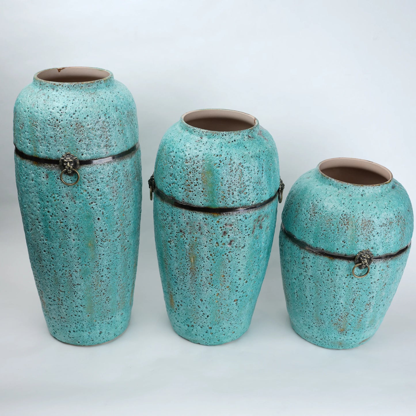 Turquoise patina ceramic jar vase with antique ring detail available in multiple sizes for home decor