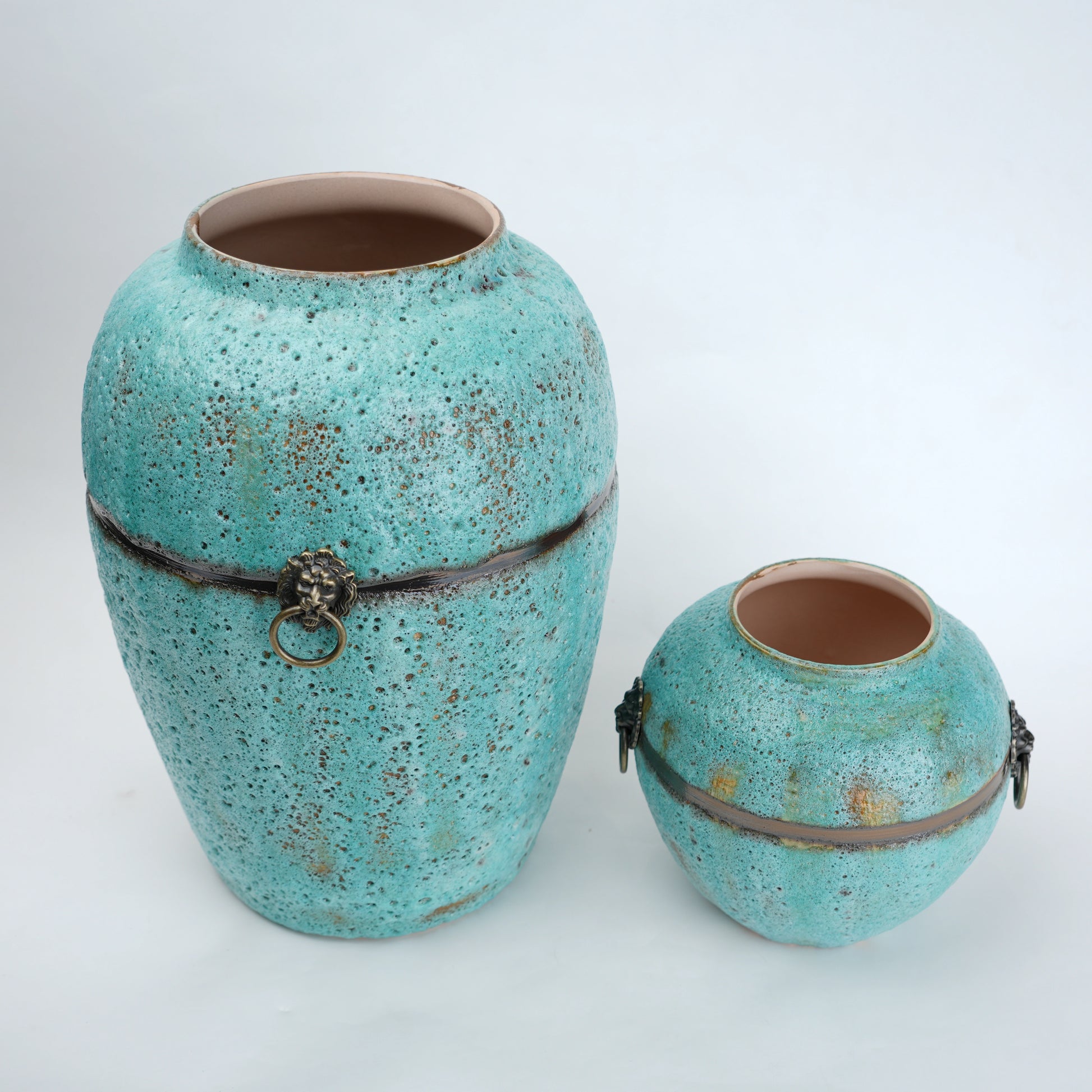Turquoise patina ceramic jar vase with antique ring detail available in multiple sizes for home decor