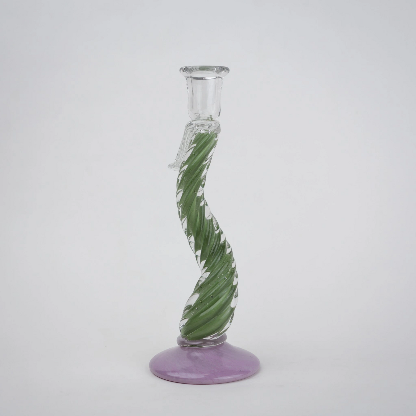 Twisted green art glass candle holders with lavender base and clear candle cup