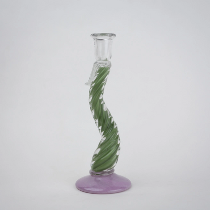 Twisted green art glass candle holders with lavender base and clear candle cup