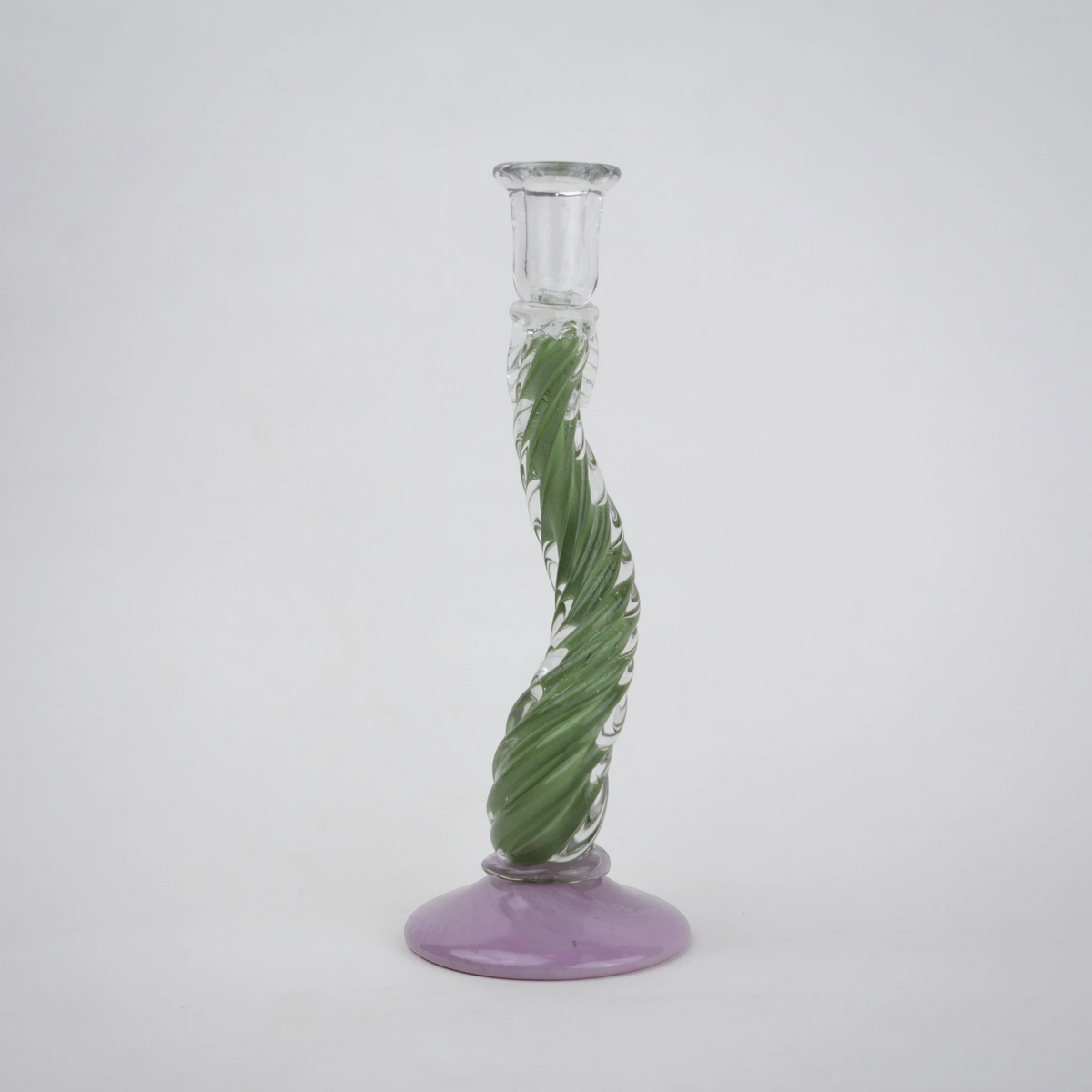 Twisted green art glass candle holders with lavender base and clear candle cup